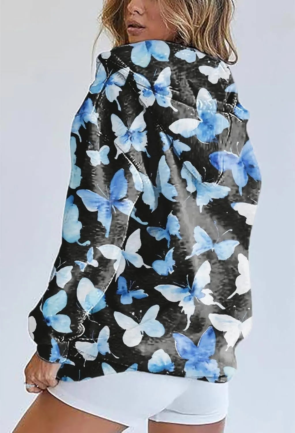 Zip Up Hoodie Women Butterfly Printed Oversized Hooded Sweatshirt Y2K Outwear Jacket Coat for Girls Fall Winter